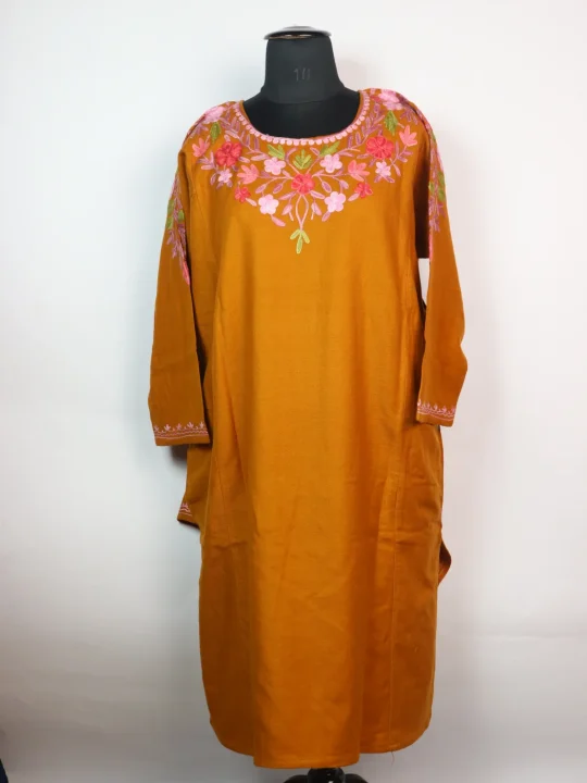 Tanzeela Kashmiri Designer Pheran with Front Back Aari Embroidery in Mustard Cashmilon