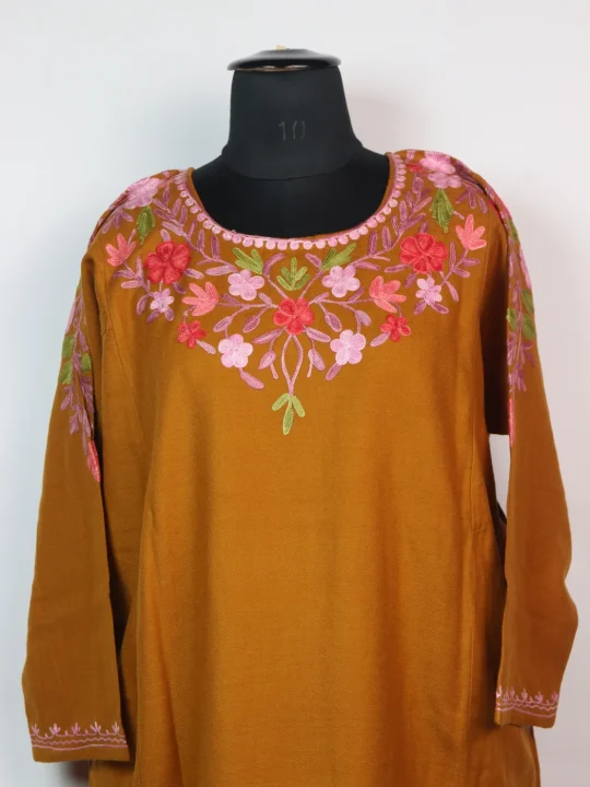 Tanzeela Kashmiri Designer Pheran with Front Back Aari Embroidery in Mustard Cashmilon - Image 2