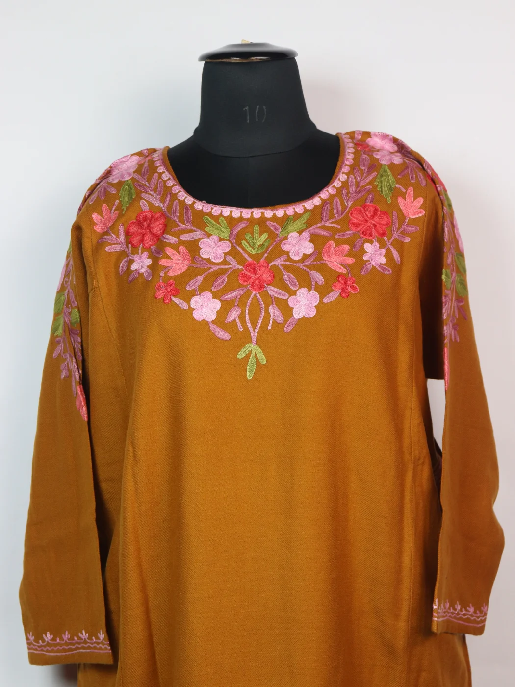 Tanzeela Kashmiri Designer Pheran with Front Back Aari Embroidery in Mustard Cashmilon - Image 2