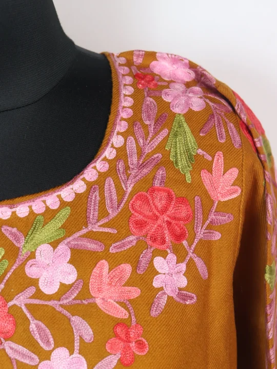 Tanzeela Kashmiri Designer Pheran with Front Back Aari Embroidery in Mustard Cashmilon - Image 3