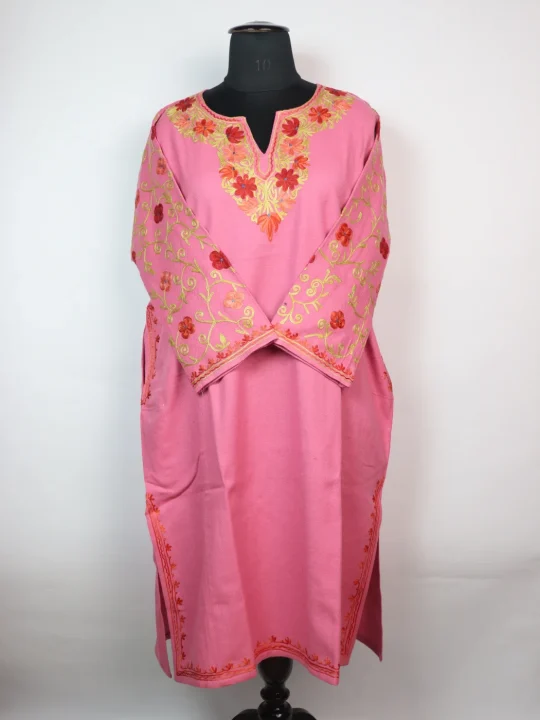 Kashmiri Designer Pheran in Pink Cashmilon with Aari Embroidery Sleeve Jaal Work | Tasneem