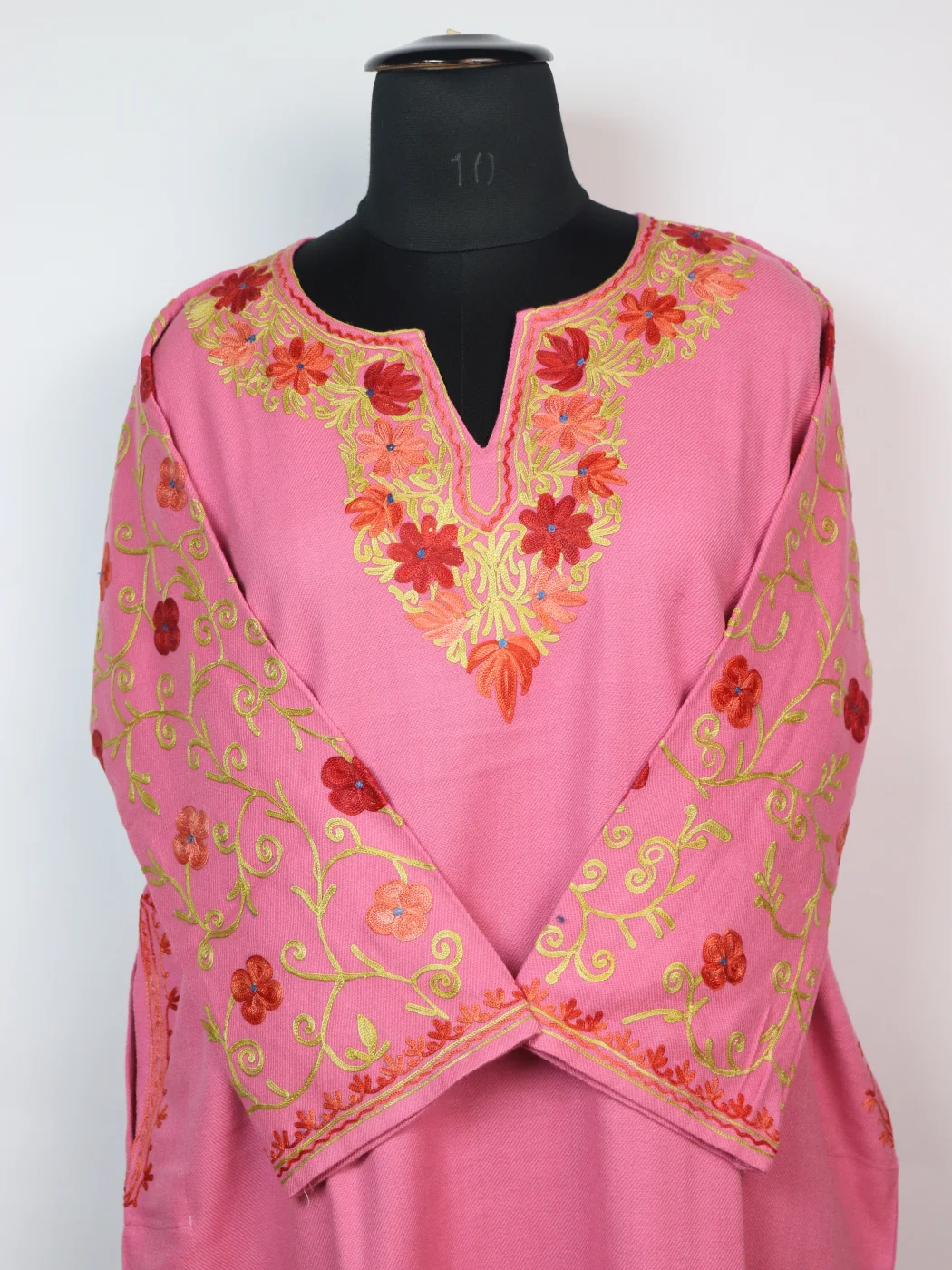 Kashmiri Designer Pheran in Pink Cashmilon with Aari Embroidery Sleeve Jaal Work | Tasneem - Image 2