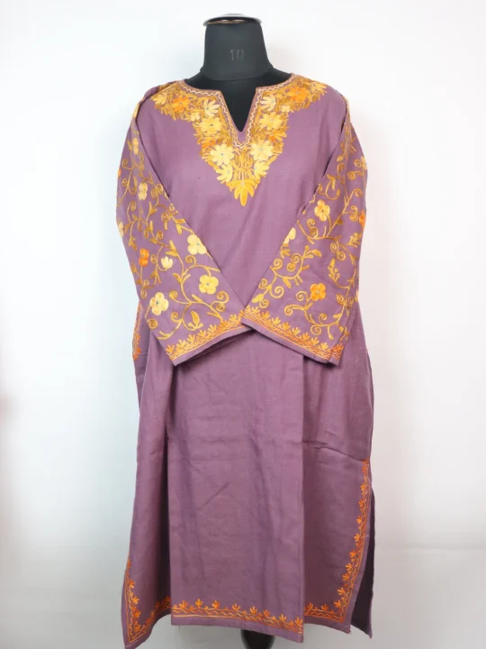 Nashwa Kashmiri Designer Pheran in Cashmilon with Aari Embroidery Sleeve Jaal Work | Purple