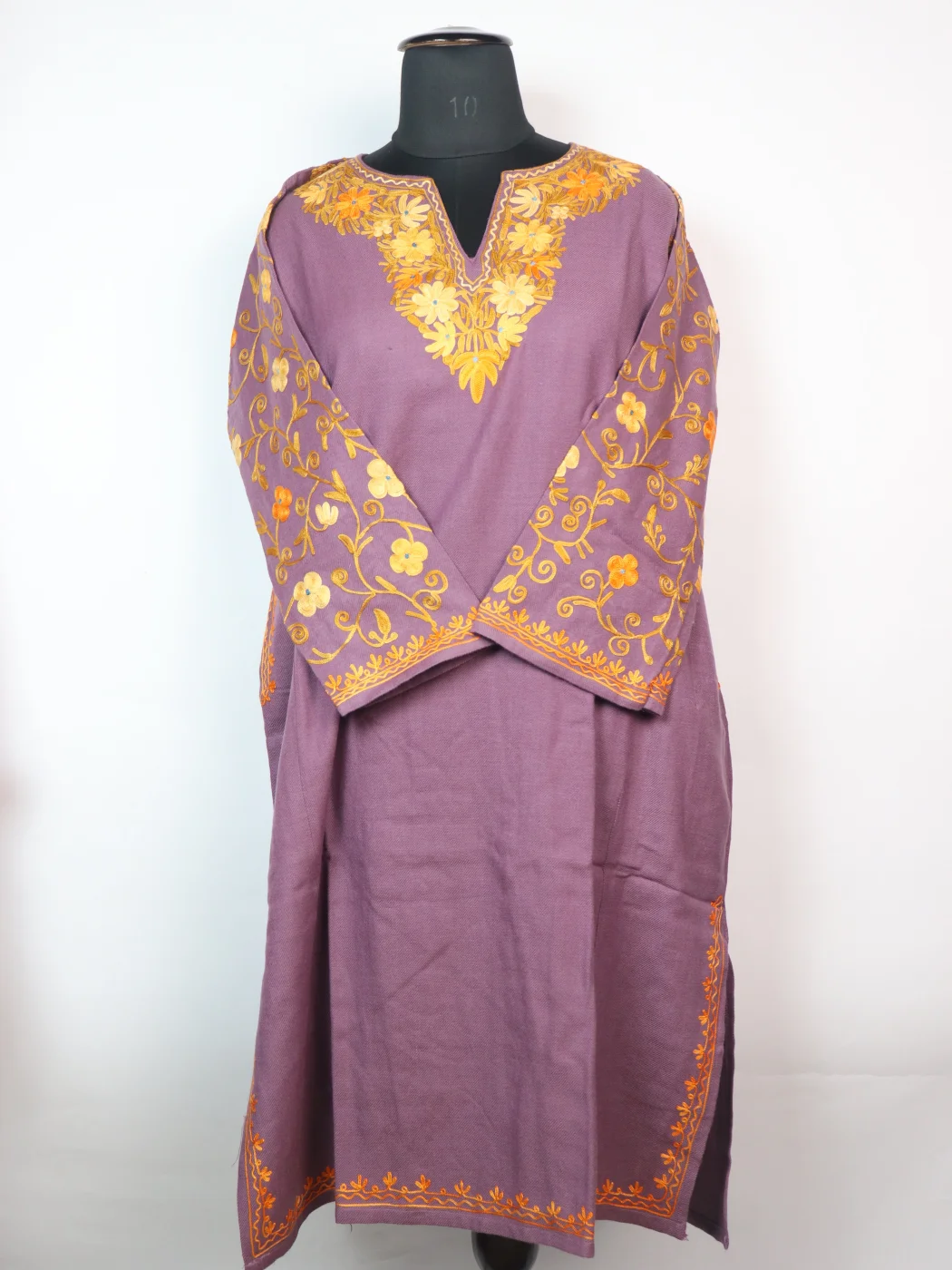 Nashwa Kashmiri Designer Pheran in Cashmilon with Aari Embroidery Sleeve Jaal Work | Purple