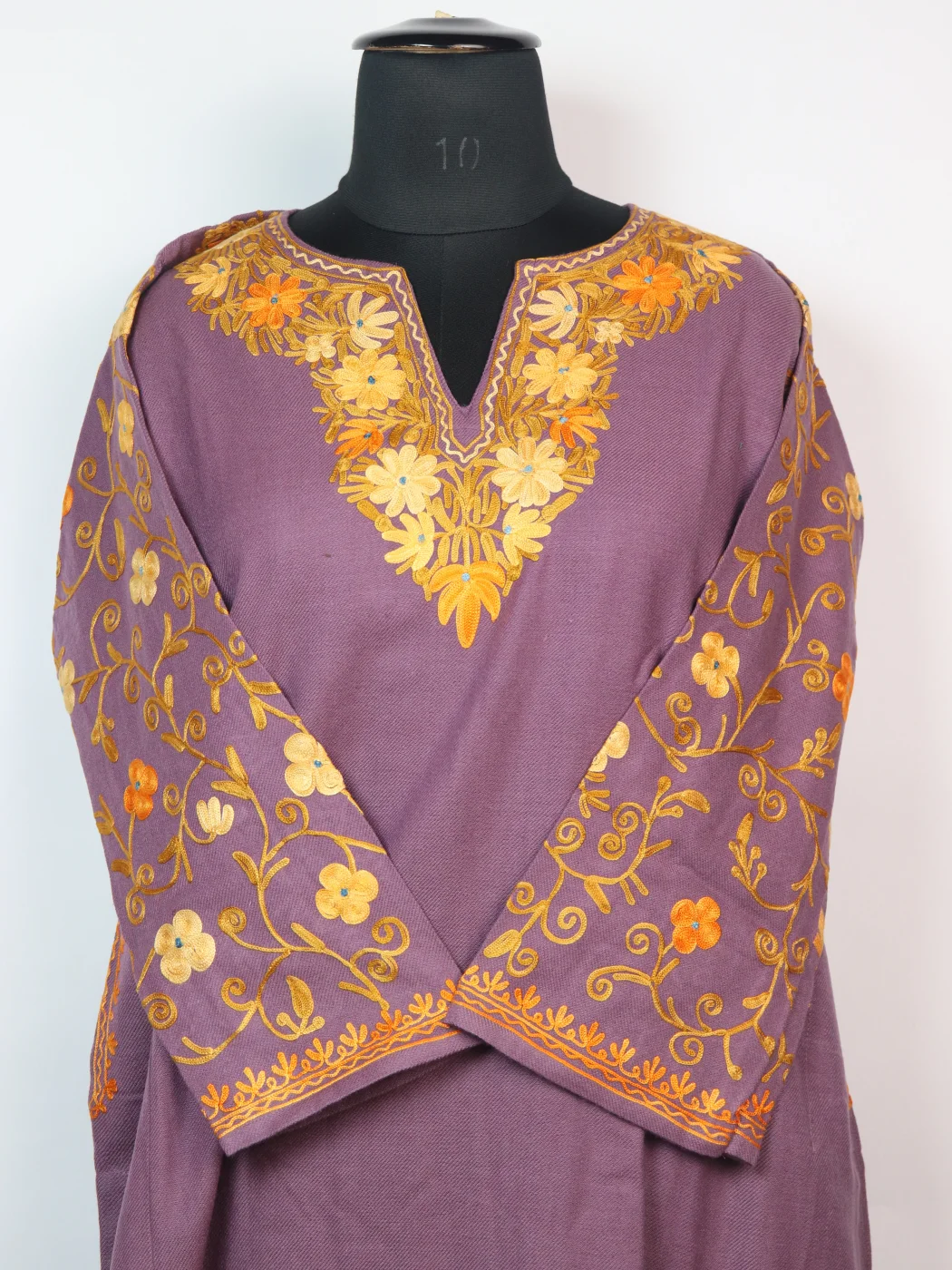 Nashwa Kashmiri Designer Pheran in Cashmilon with Aari Embroidery Sleeve Jaal Work | Purple - Image 2