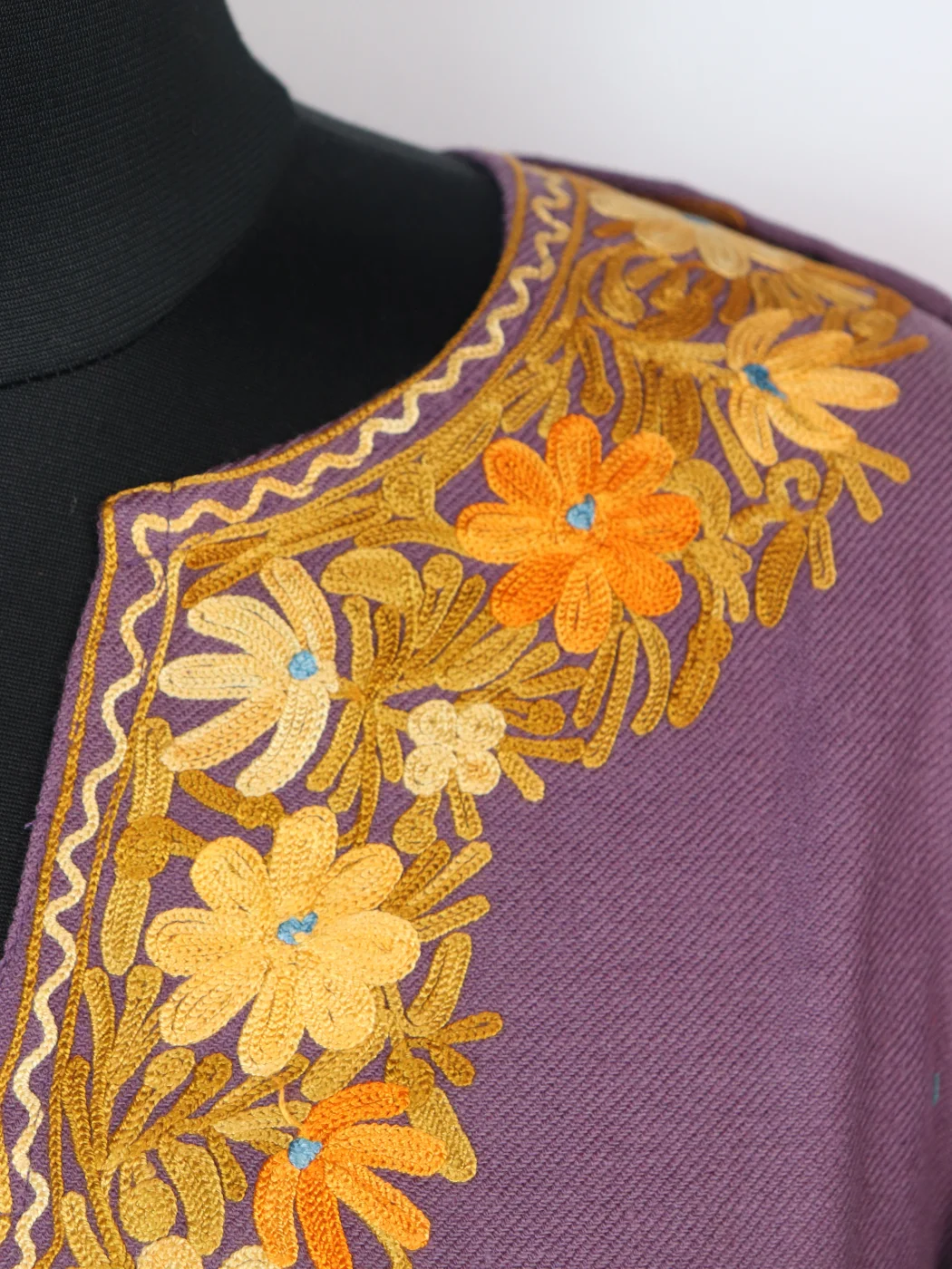 Nashwa Kashmiri Designer Pheran in Cashmilon with Aari Embroidery Sleeve Jaal Work | Purple - Image 3