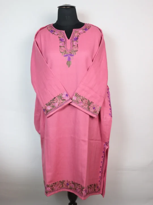 Sahiba Kashmiri Designer Pheran with Aari Embroidery Sleeve Border Work in Pink Cashmilon