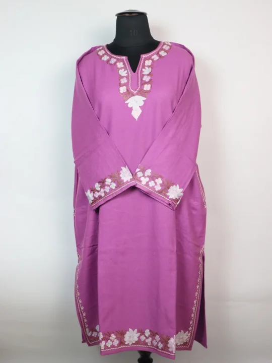 Designer Kashmiri Pheran in Purple Cashmilon with Aari Embroidery Sleeve Border Work | Rameesha