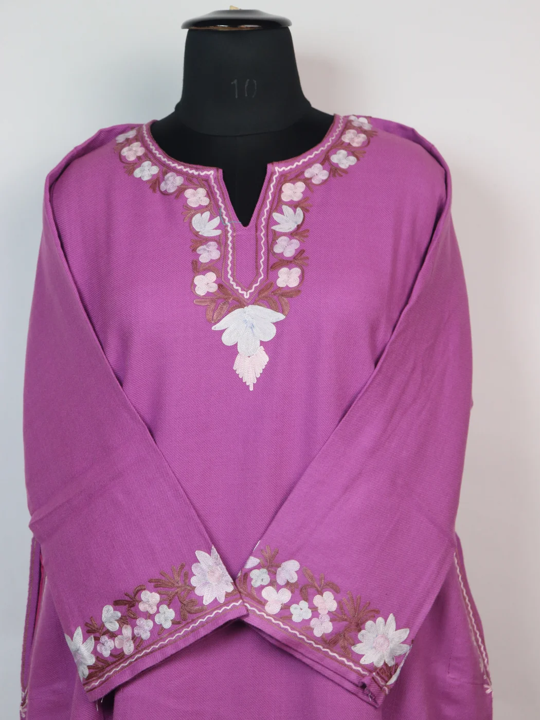 Designer Kashmiri Pheran in Purple Cashmilon with Aari Embroidery Sleeve Border Work | Rameesha - Image 2