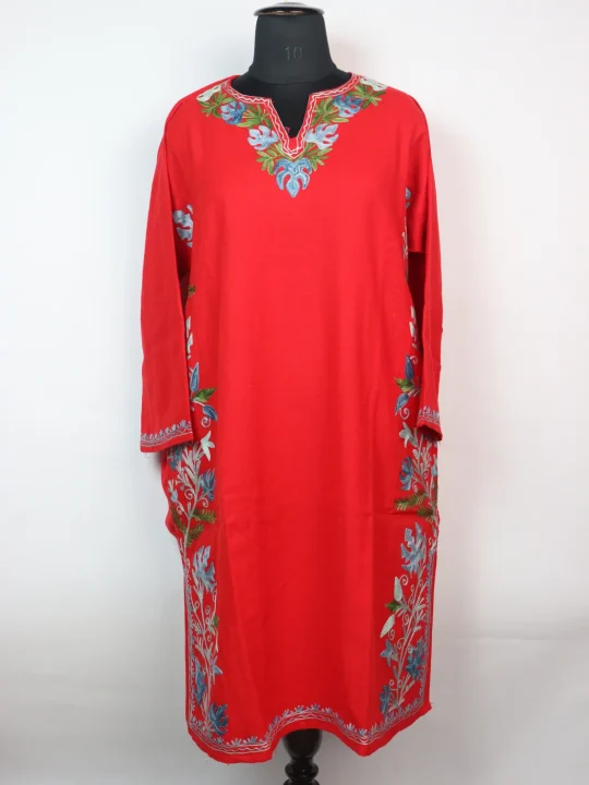 Shireen Kashmiri Designer Pheran in Cashmilon with Aari Embroidery Side Panel Work | Red