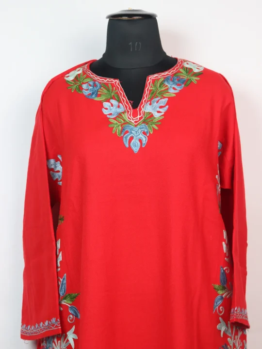Shireen Kashmiri Designer Pheran in Cashmilon with Aari Embroidery Side Panel Work | Red - Image 2