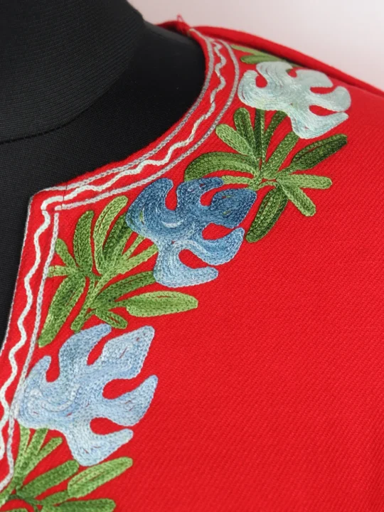 Shireen Kashmiri Designer Pheran in Cashmilon with Aari Embroidery Side Panel Work | Red - Image 3