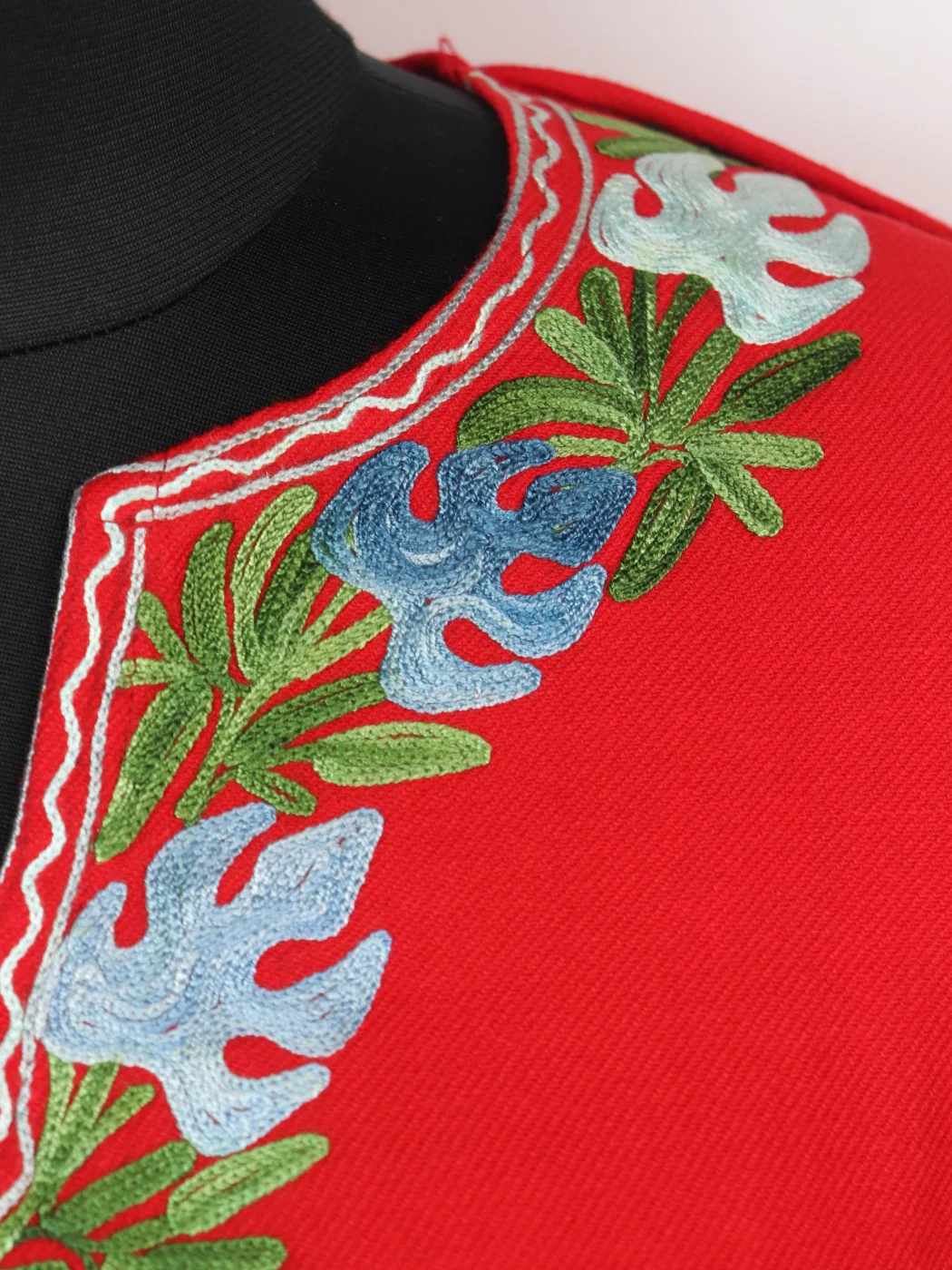 Shireen Kashmiri Designer Pheran in Cashmilon with Aari Embroidery Side Panel Work | Red - Image 3