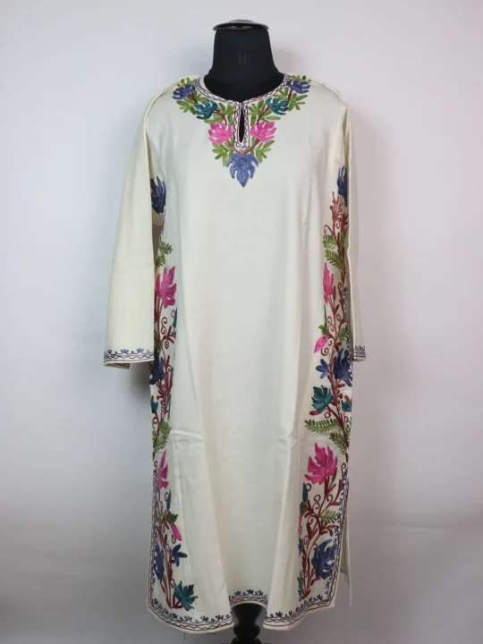 Nafisa Kashmiri Designer Pheran in Cashmilon with Aari Embroidery Side Panel Work | White
