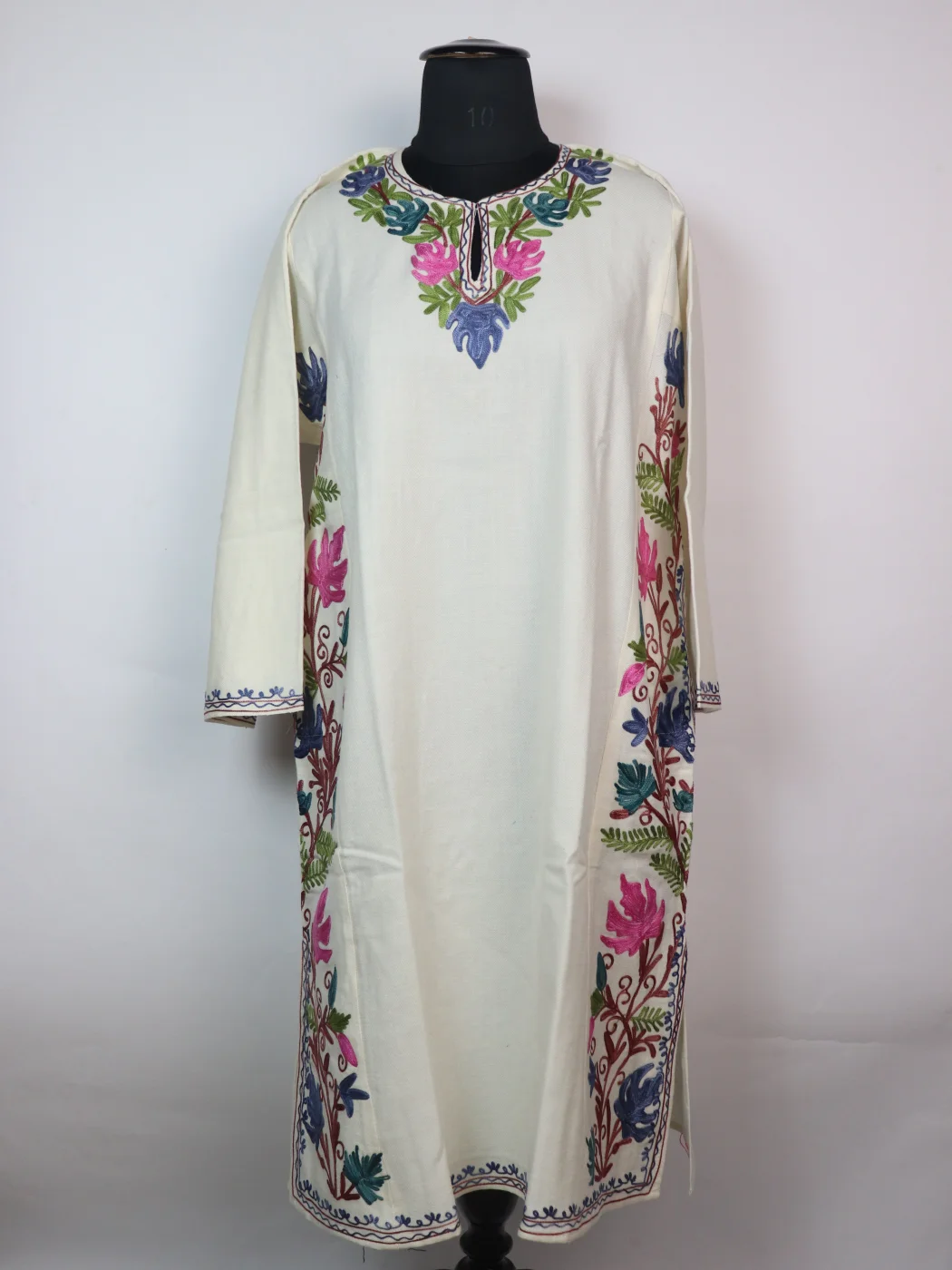 Nafisa Kashmiri Designer Pheran in Cashmilon with Aari Embroidery Side Panel Work | White