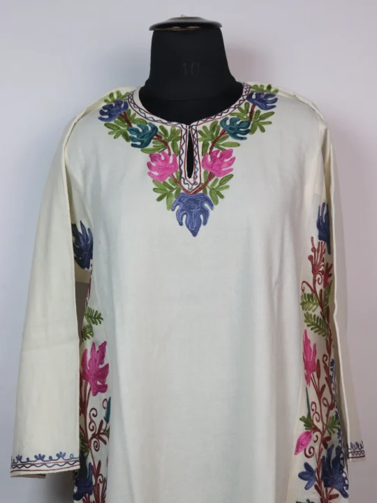 Nafisa Kashmiri Designer Pheran in Cashmilon with Aari Embroidery Side Panel Work | White - Image 2