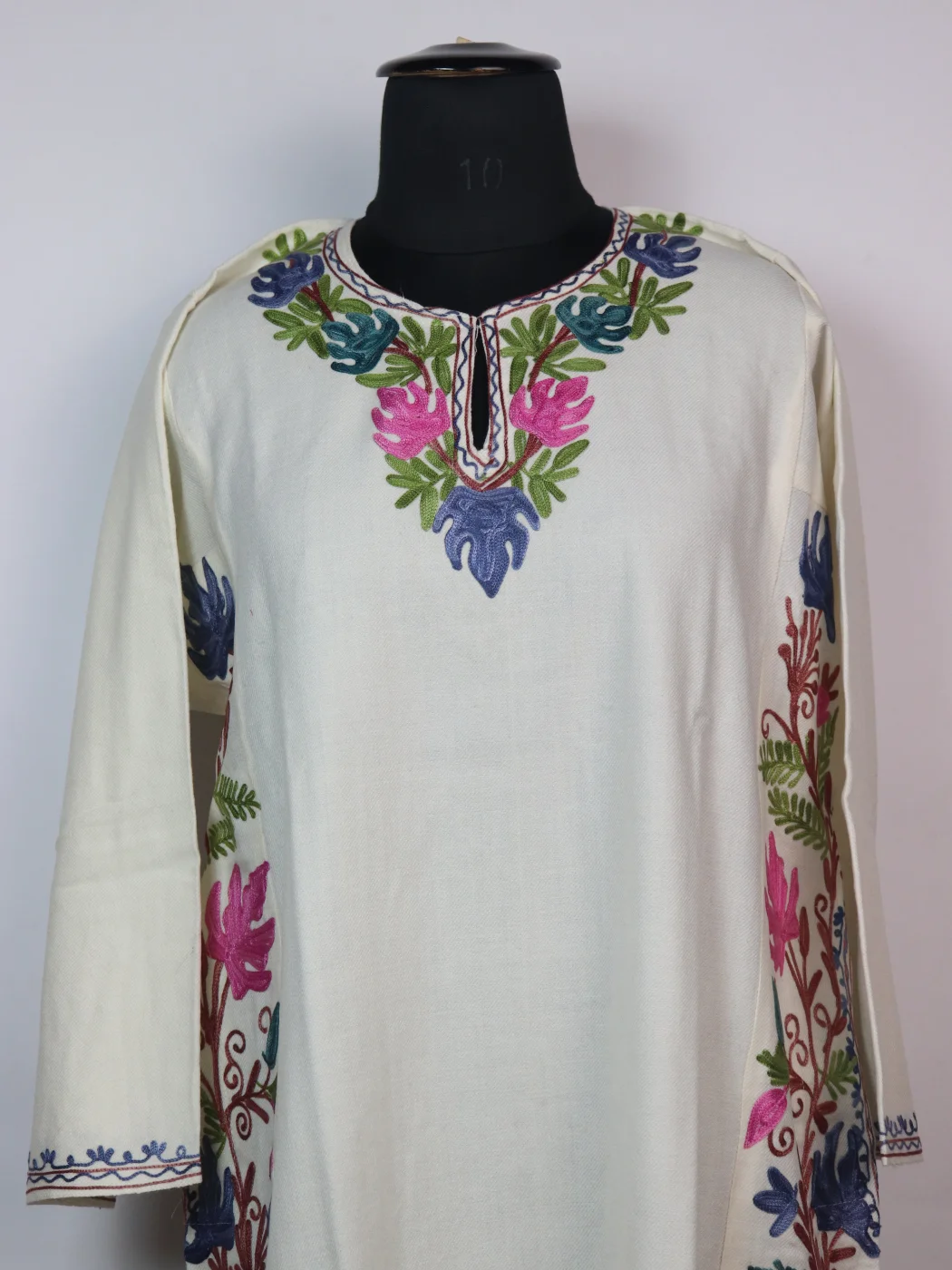 Nafisa Kashmiri Designer Pheran in Cashmilon with Aari Embroidery Side Panel Work | White - Image 2