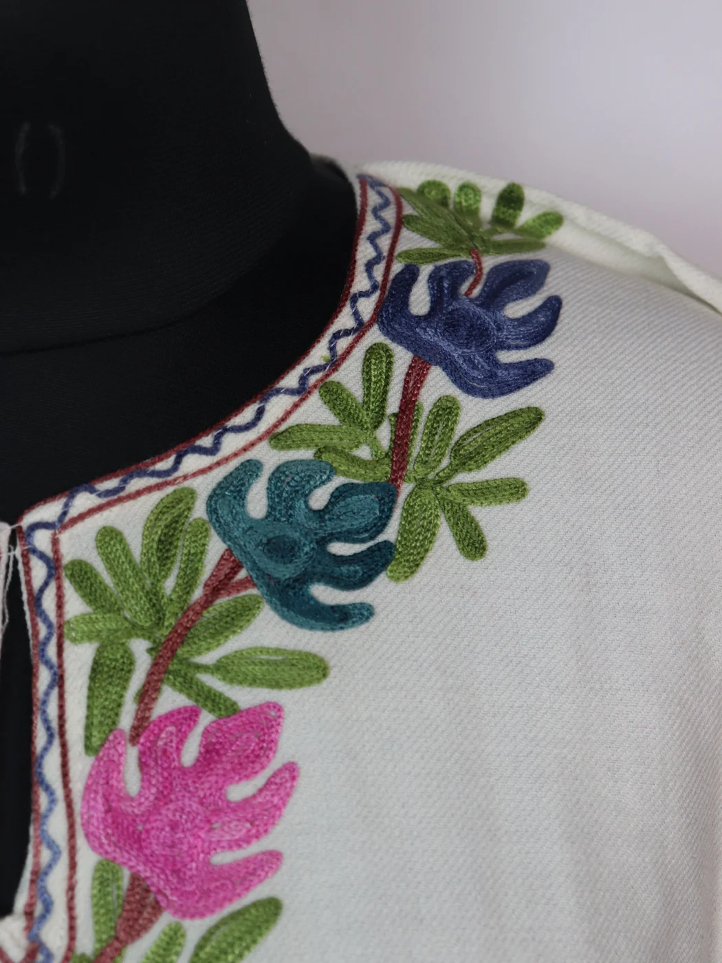 Nafisa Kashmiri Designer Pheran in Cashmilon with Aari Embroidery Side Panel Work | White - Image 3