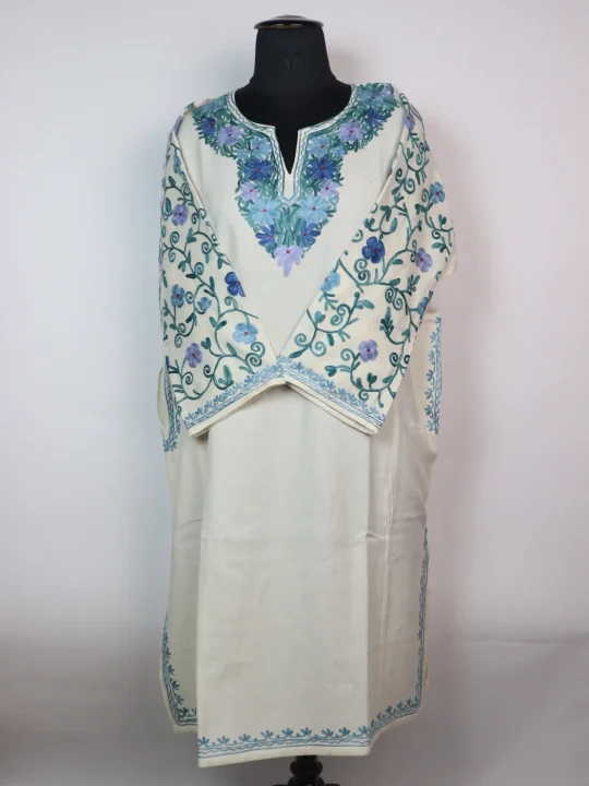 White Kashmiri Designer Pheran in Cashmilon with Aari Embroidery Sleeve Jaal Work | Sabiha