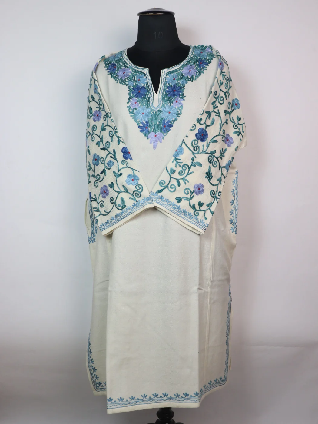 White Kashmiri Designer Pheran in Cashmilon with Aari Embroidery Sleeve Jaal Work | Sabiha