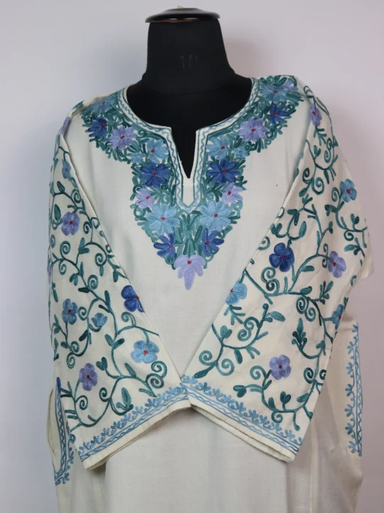 White Kashmiri Designer Pheran in Cashmilon with Aari Embroidery Sleeve Jaal Work | Sabiha - Image 2