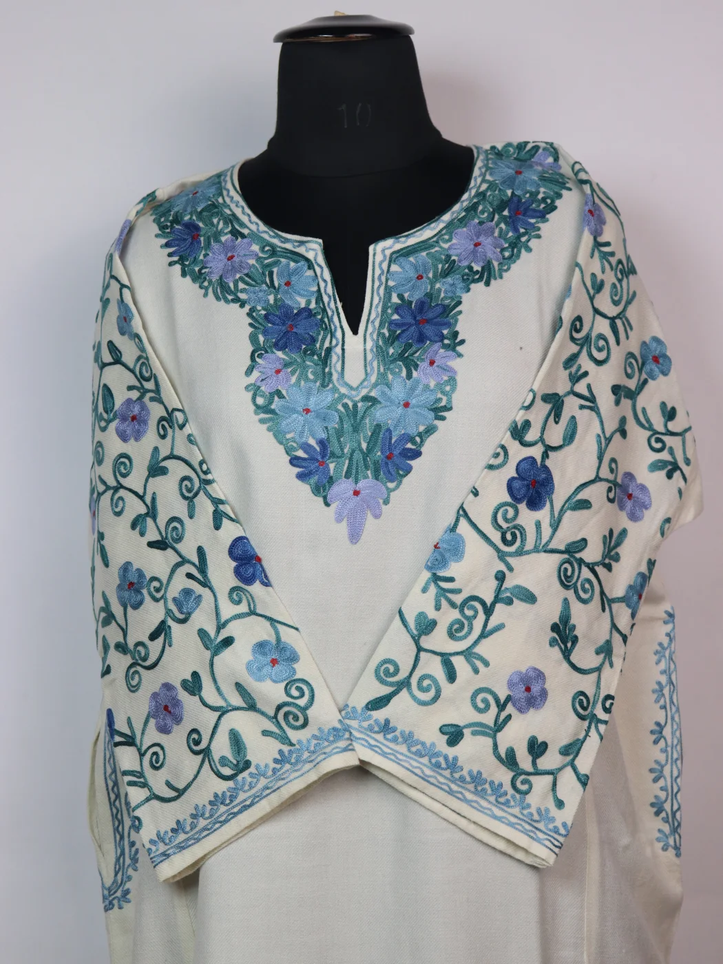 White Kashmiri Designer Pheran in Cashmilon with Aari Embroidery Sleeve Jaal Work | Sabiha - Image 2
