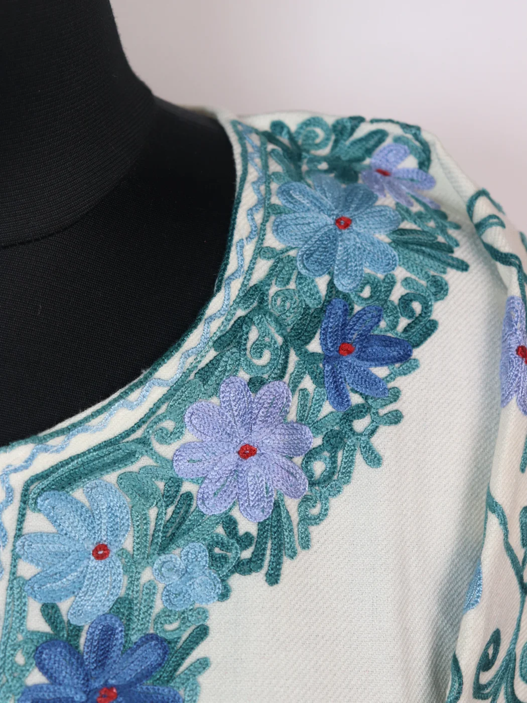 White Kashmiri Designer Pheran in Cashmilon with Aari Embroidery Sleeve Jaal Work | Sabiha - Image 3
