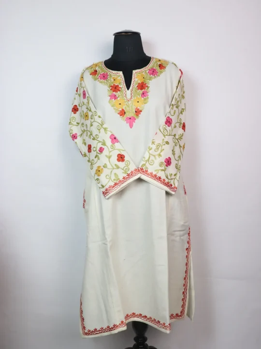 Gulafshan Kashmiri Designer Pheran with Aari Embroidery Sleeve Jaal Work in White Cashmilon