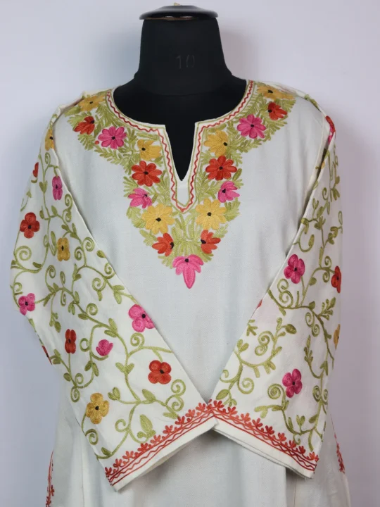Gulafshan Kashmiri Designer Pheran with Aari Embroidery Sleeve Jaal Work in White Cashmilon - Image 2