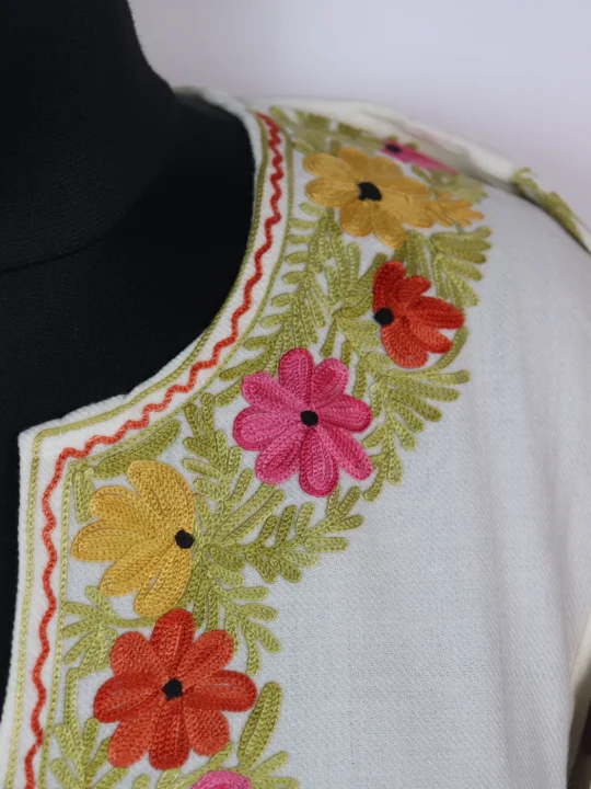 Gulafshan Kashmiri Designer Pheran with Aari Embroidery Sleeve Jaal Work in White Cashmilon - Image 3