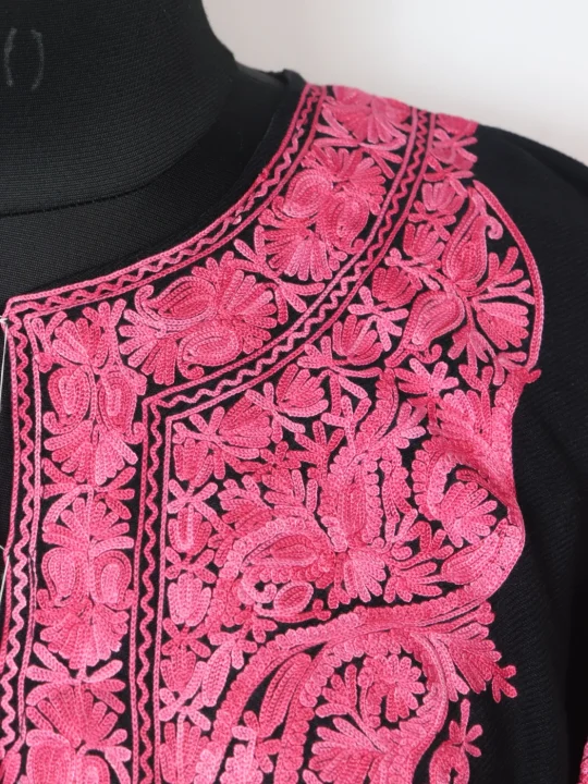 Black Kashmiri Pheran in Cashmilon with Aari Embroidery Sleeve Boothi | Munaza - Image 3