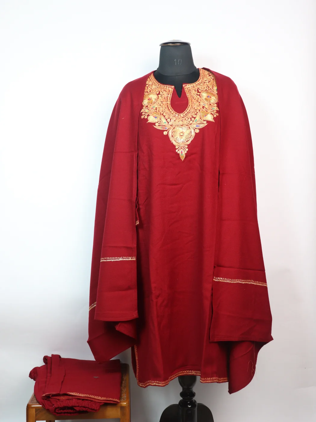 Shahbano Kashmiri Pheran with Tilla Work in Maroon Cashmilon – 3pc Set