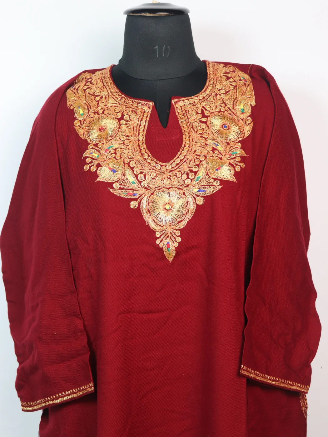 Shahbano Kashmiri Pheran with Tilla Work in Maroon Cashmilon – 3pc Set - Image 2