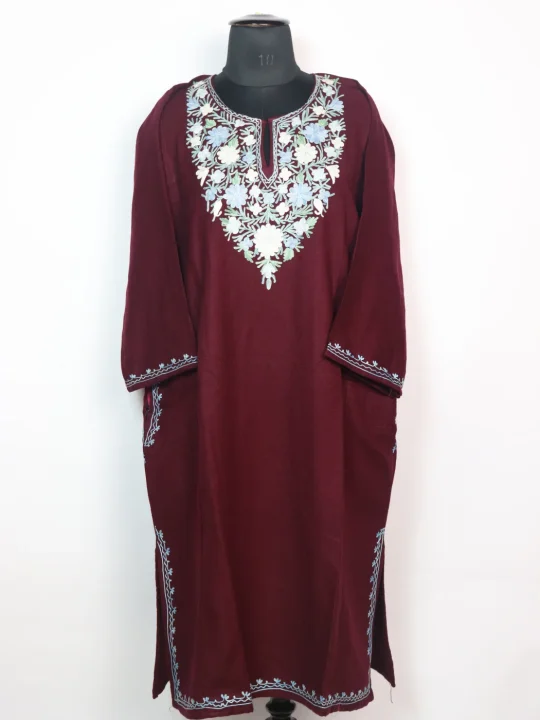 Maroon Kashmiri Pheran in Cashmilon With Aari Work Mubashira