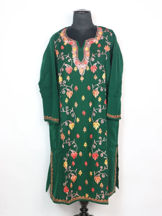 Hoor Designer Kashmiri Pheran in Green Cashmilon With Front Jaal Aari Embroidery