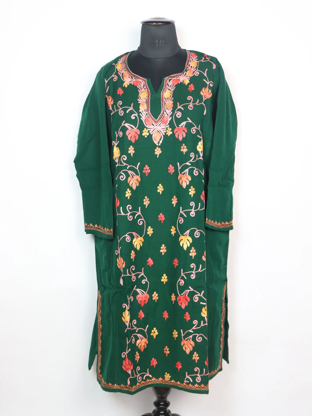 Hoor Designer Kashmiri Pheran in Green Cashmilon With Front Jaal Aari Embroidery