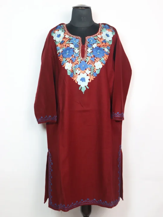 Rumana Kashmiri Pheran in Maroon Cashmilon With Aari Work