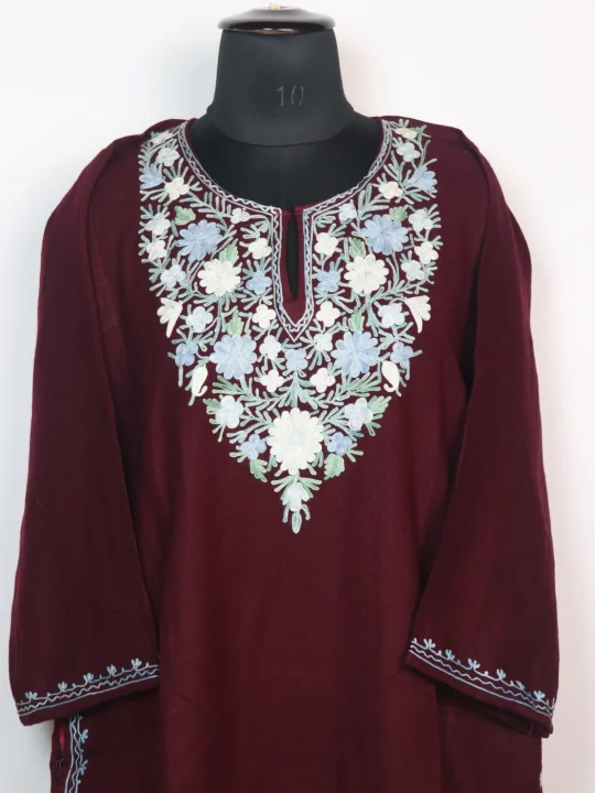 Maroon Kashmiri Pheran in Cashmilon With Aari Work Mubashira - Image 2