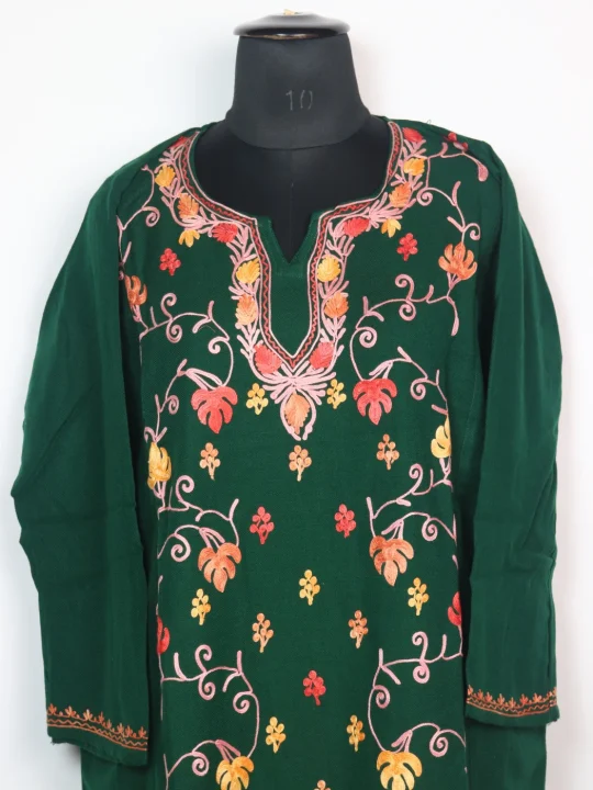 Hoor Designer Kashmiri Pheran in Green Cashmilon With Front Jaal Aari Embroidery - Image 2