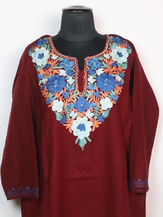 Rumana Kashmiri Pheran in Maroon Cashmilon With Aari Work - Image 2
