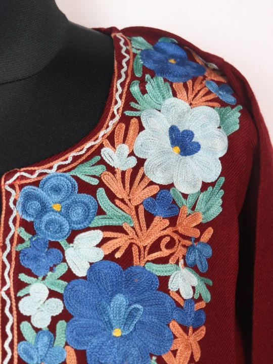 Rumana Kashmiri Pheran in Maroon Cashmilon With Aari Work - Image 3