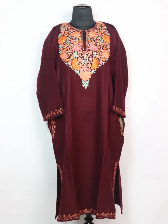Kashmiri Pheran Areej in Cashmilon With Aari Work | Maroon