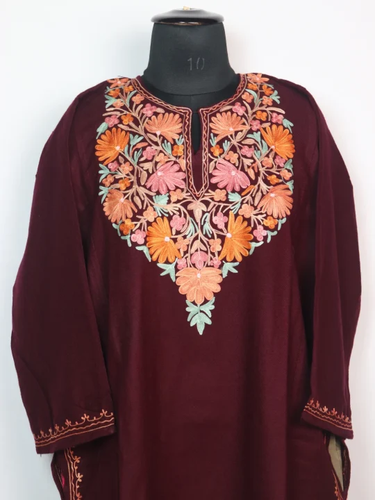 Kashmiri Pheran Areej in Cashmilon With Aari Work | Maroon - Image 2