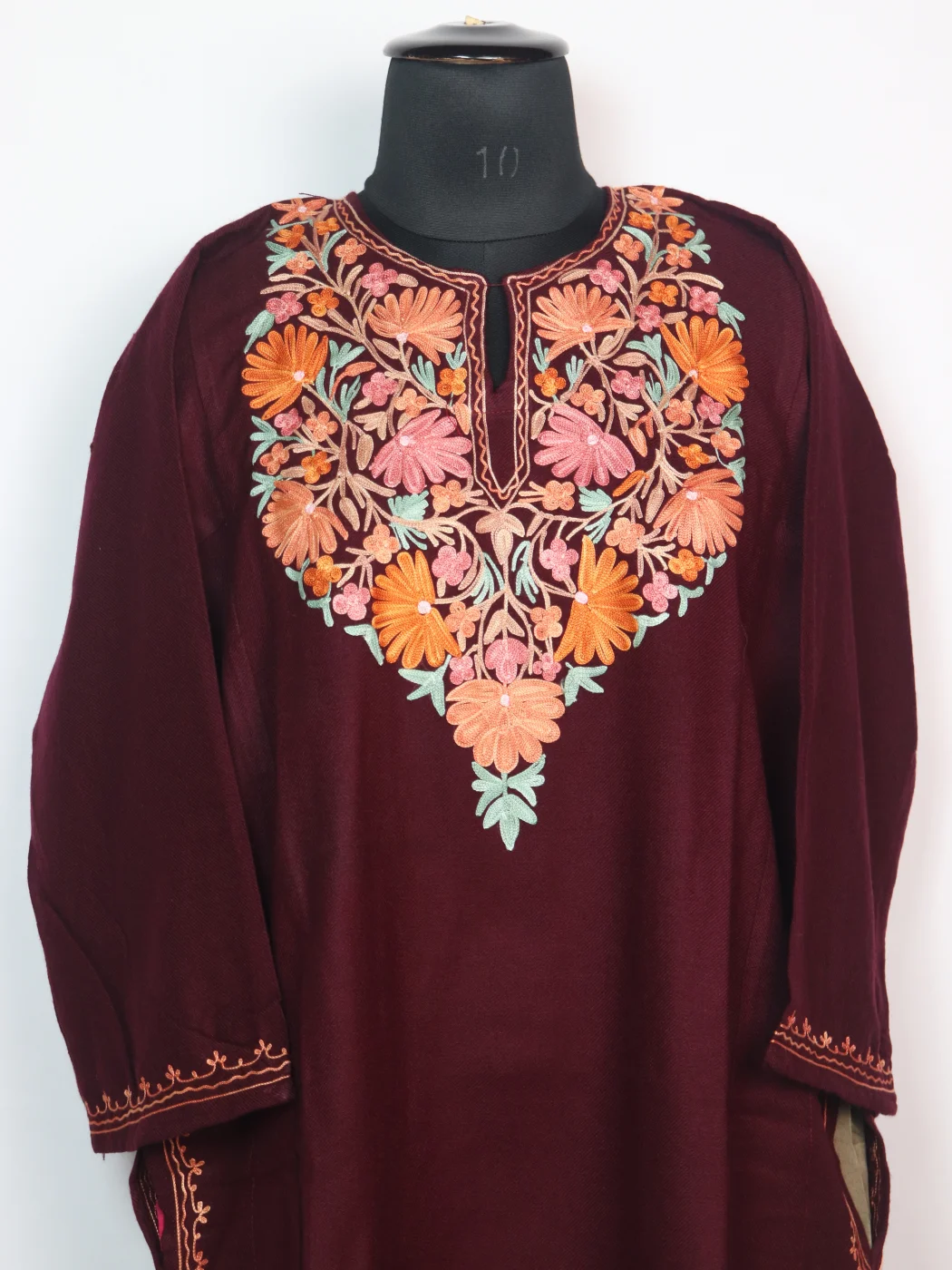 Kashmiri Pheran Areej in Cashmilon With Aari Work | Maroon - Image 2