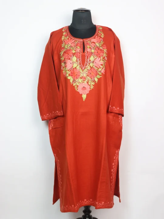 Shamaila Kashmiri Pheran in Rust Orange Cashmilon With Aari Work