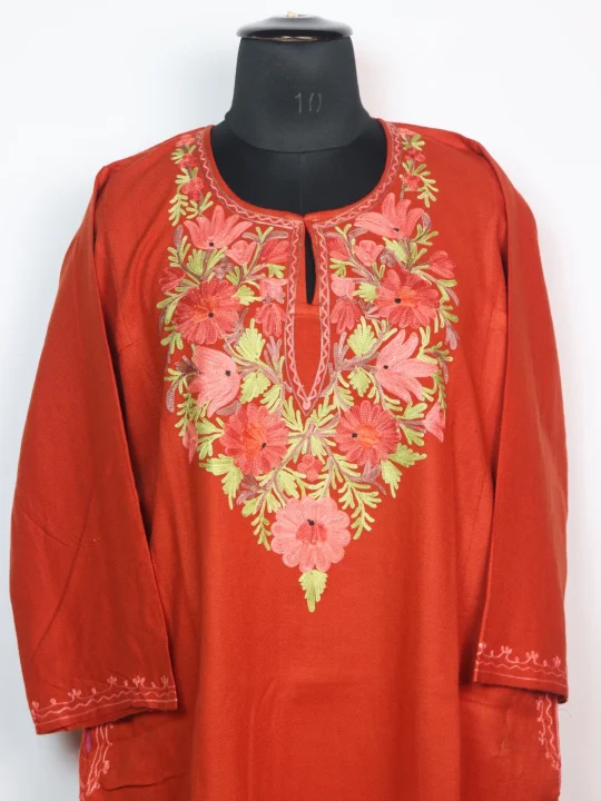 Shamaila Kashmiri Pheran in Rust Orange Cashmilon With Aari Work - Image 2
