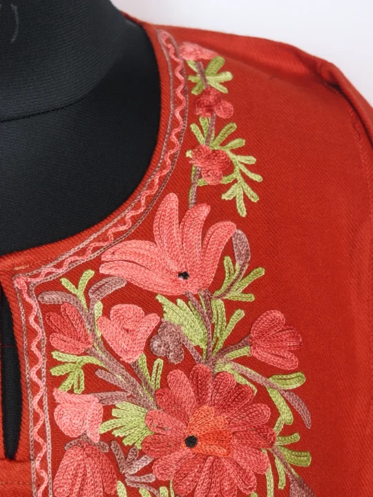 Shamaila Kashmiri Pheran in Rust Orange Cashmilon With Aari Work - Image 3