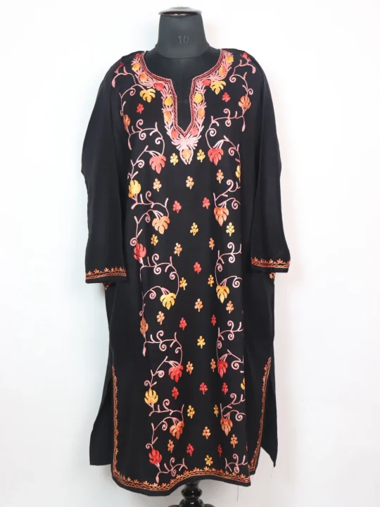 Rubab Kashmiri Pheran In Black Cashmilon Designer With Front Jaal Aari Embroidery