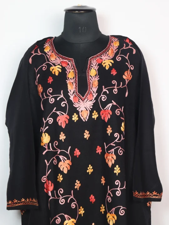 Rubab Kashmiri Pheran In Black Cashmilon Designer With Front Jaal Aari Embroidery - Image 2