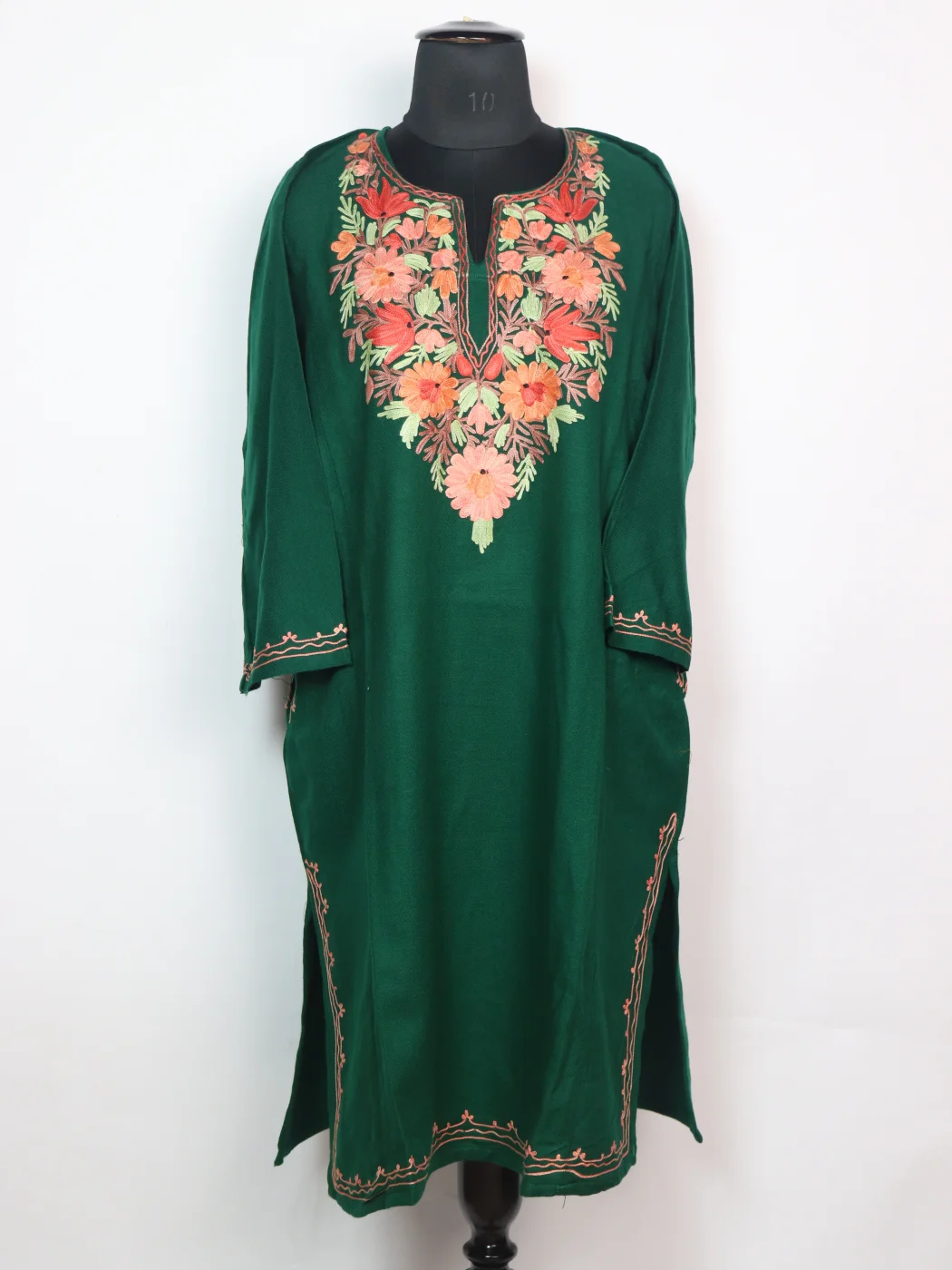 Green Kashmiri Pheran in Cashmilon With Aari Work Aabida